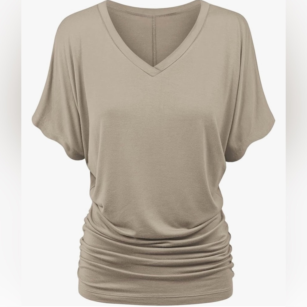 Solid Short Sleeve Boat Neck/V Neck Dolman Top T Shirt with Side Shirring